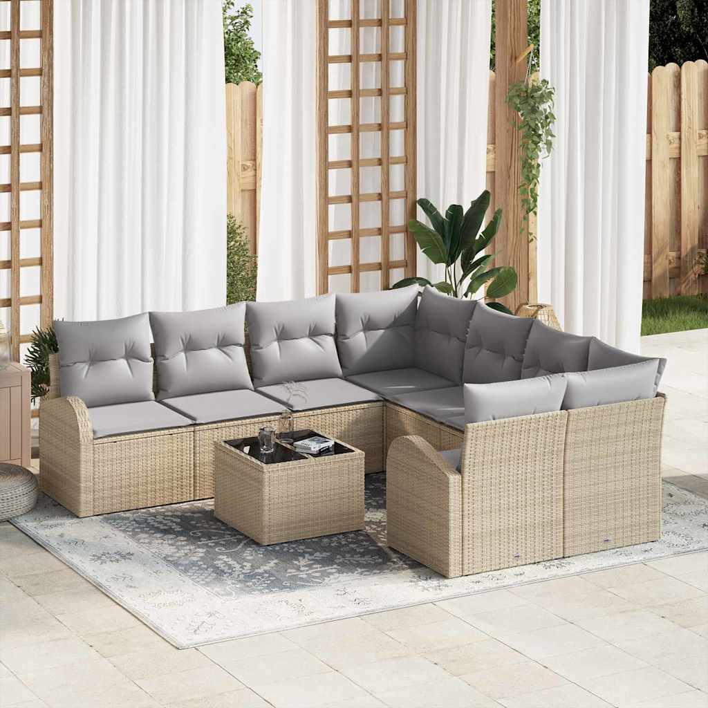 Sofa Set mit Kissen 9 pcs Beige und Grau Poly-Rattan
