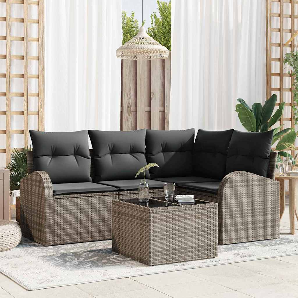 Gartensofa-set mit Kissen mit Speicher 5 pcs Grau Poly-Rattan