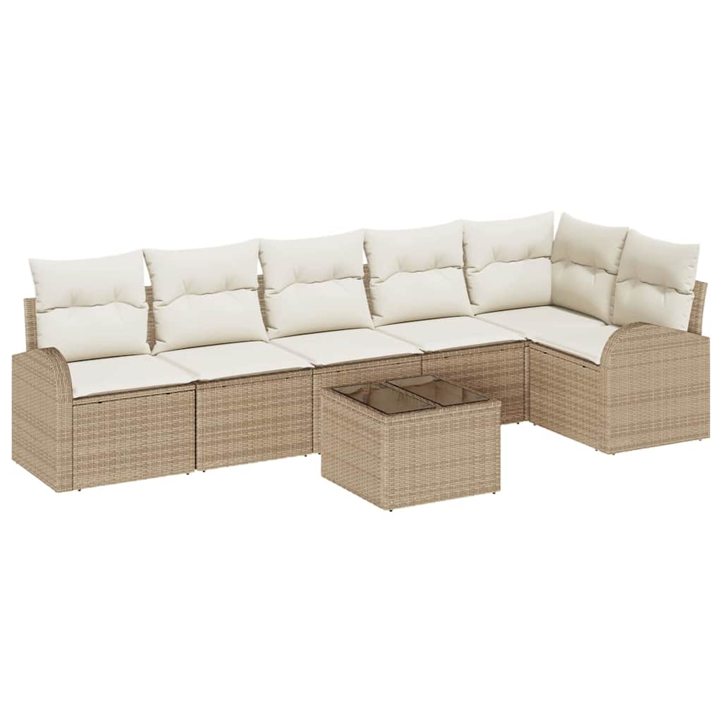 Gartensofa-set mit Kissen 7 pcs Beige und Weiß Poly-Rattan