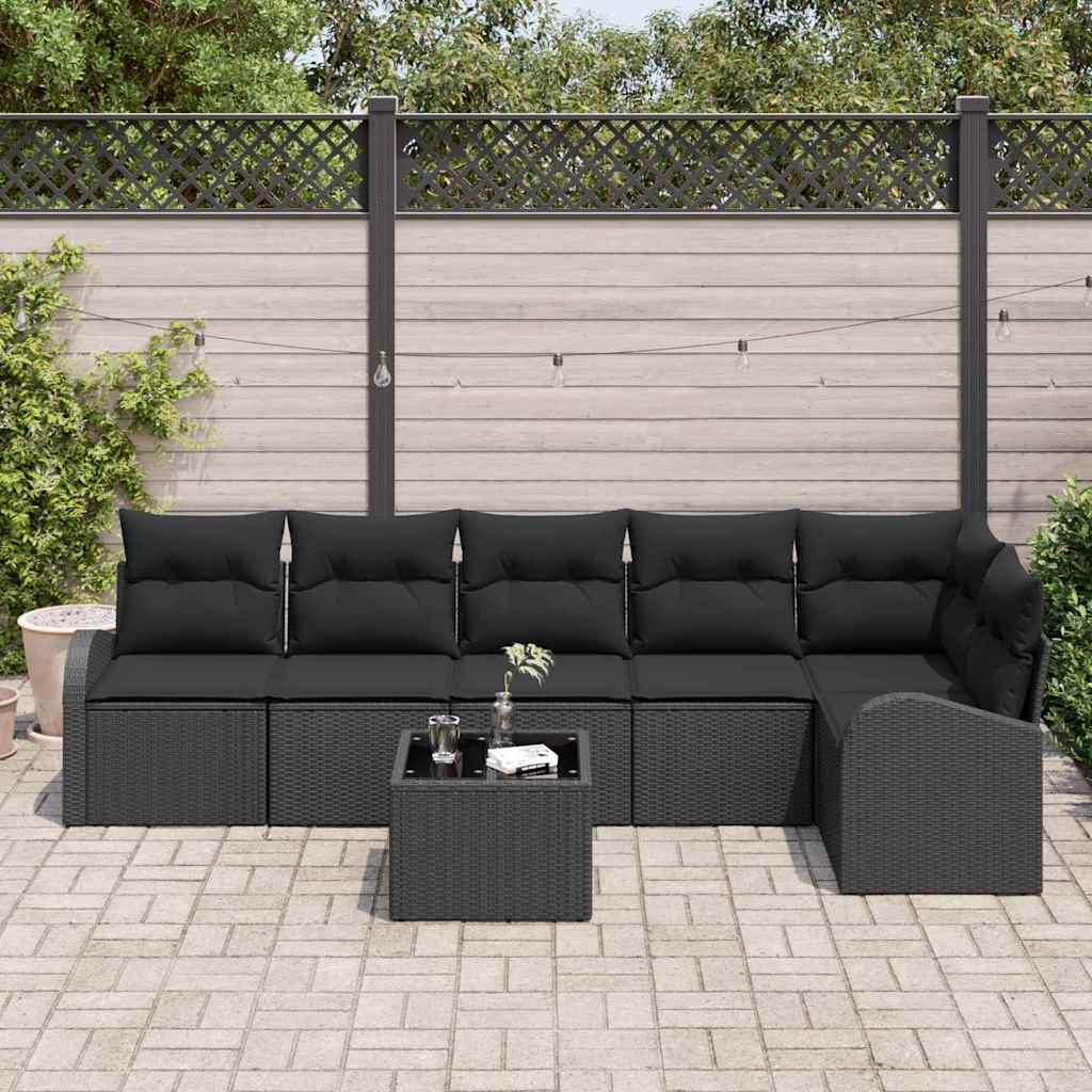 Gartensofa-set mit Kissen 7 pcs Schwarz Poly-Rattan