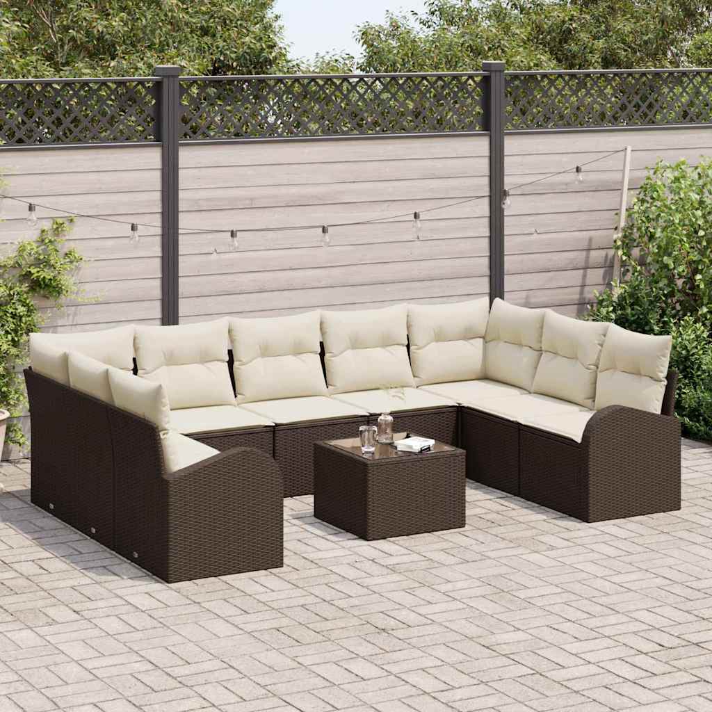Gartensofa-set mit Kissen 10 pcs Braun und Weiß Poly-Rattan