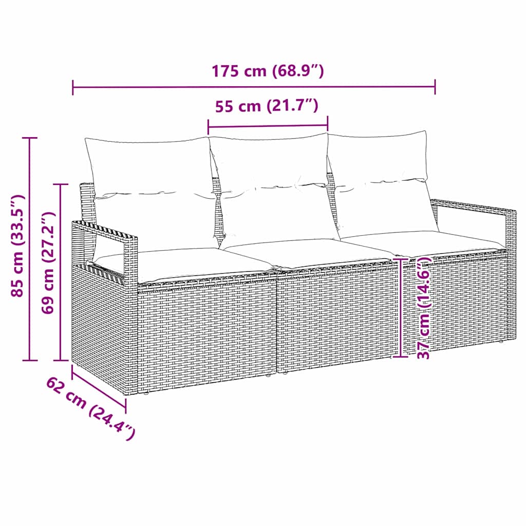 Gartensofa-set mit Kissen 3 pcs Beige und Hellgrau Poly-Rattan