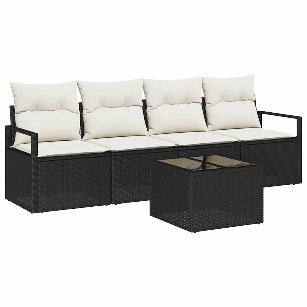 Sofa Set mit Kissen 5 pcs Schwarz und Creme Poly-Rattan