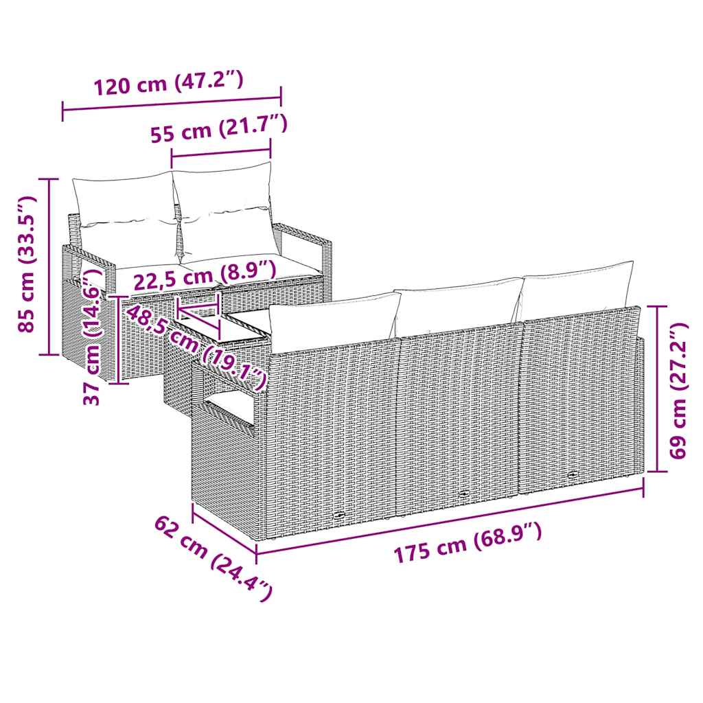 Gartensofa-set mit Kissen 6 pcs Braun und Creme Poly-Rattan