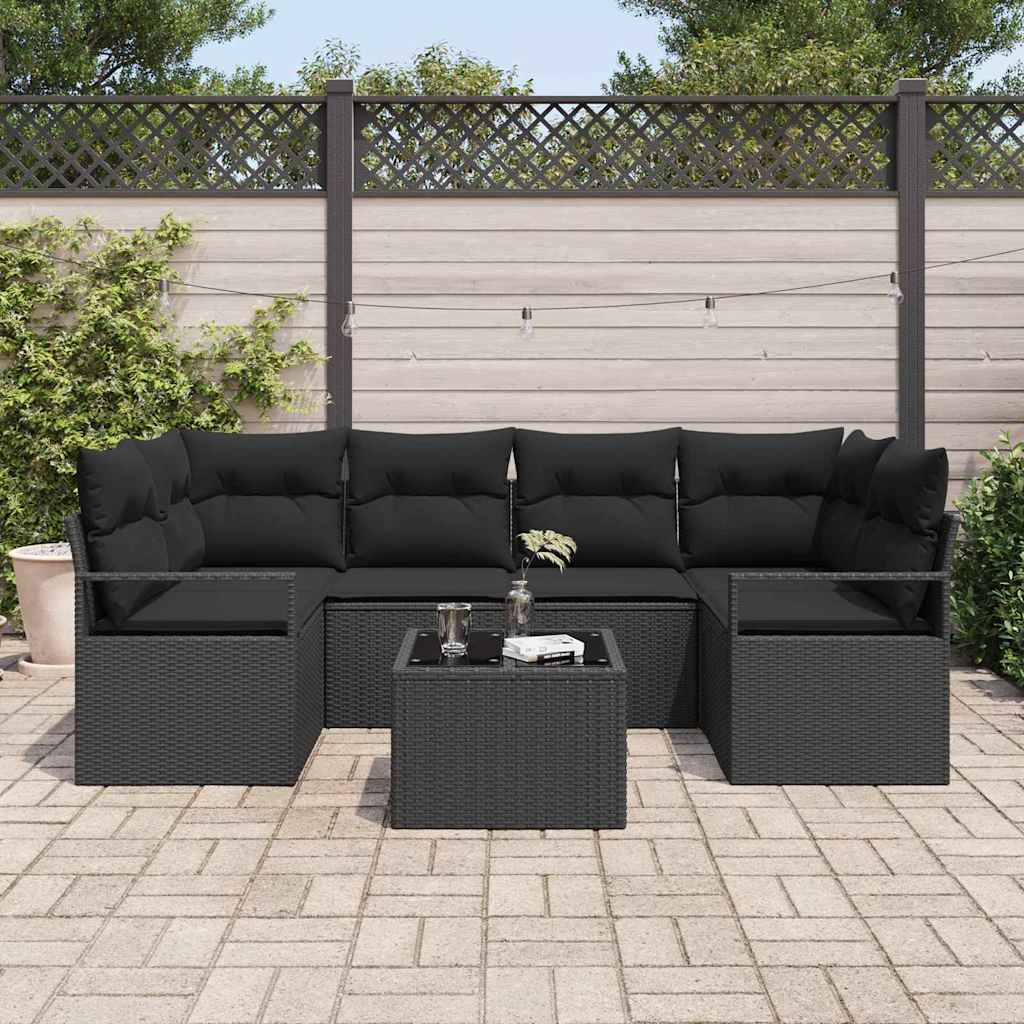 Garten-Sofa-Set 7 pcs Schwarz Poly-Rattan und Stahl und Glas