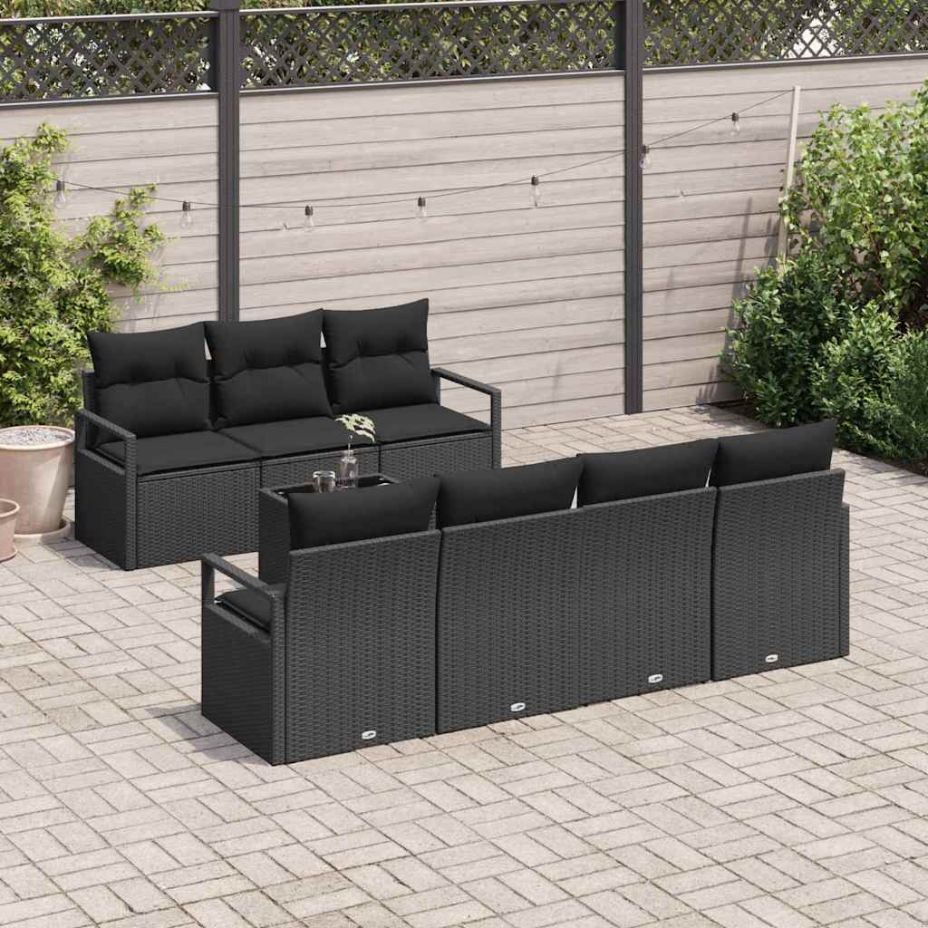 Garten-Sofa-Set 8 pcs Schwarz Poly-Rattan und Stahl und Glas