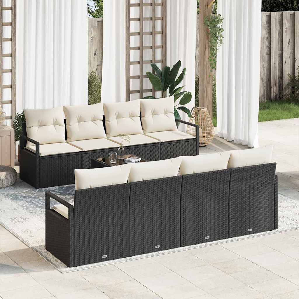 Gartensofa-set mit Kissen 9 pcs Schwarz und Creme Poly-Rattan