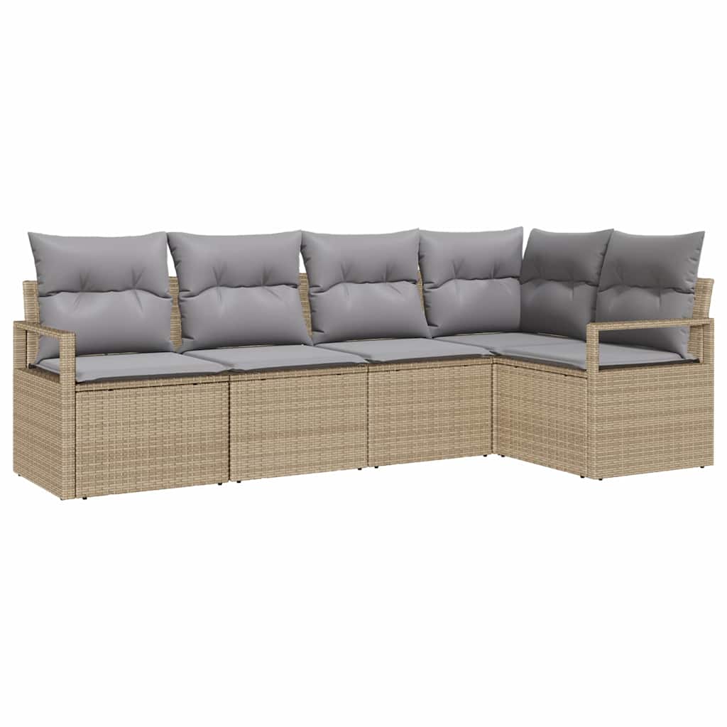 Gartensofa-set mit Kissen 5 pcs Beige und Hellgrau Poly-Rattan
