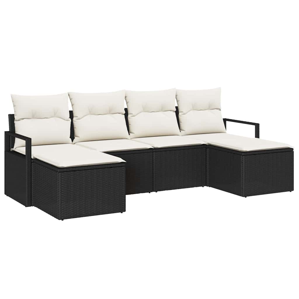 Sofa Set mit Kissen 6 pcs Schwarz und Creme Poly-Rattan