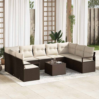 Gartensofa-set mit Kissen 10 pcs Braun und Creme Poly-Rattan