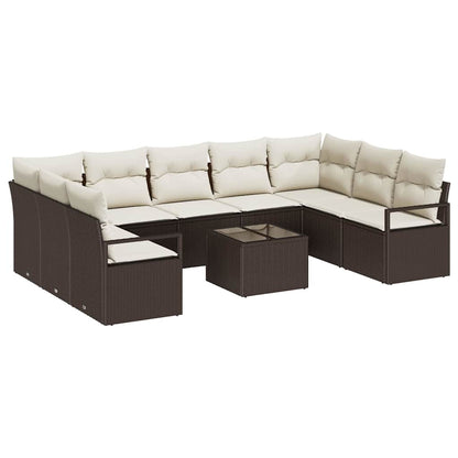 Gartensofa-set mit Kissen 10 pcs Braun und Creme Poly-Rattan