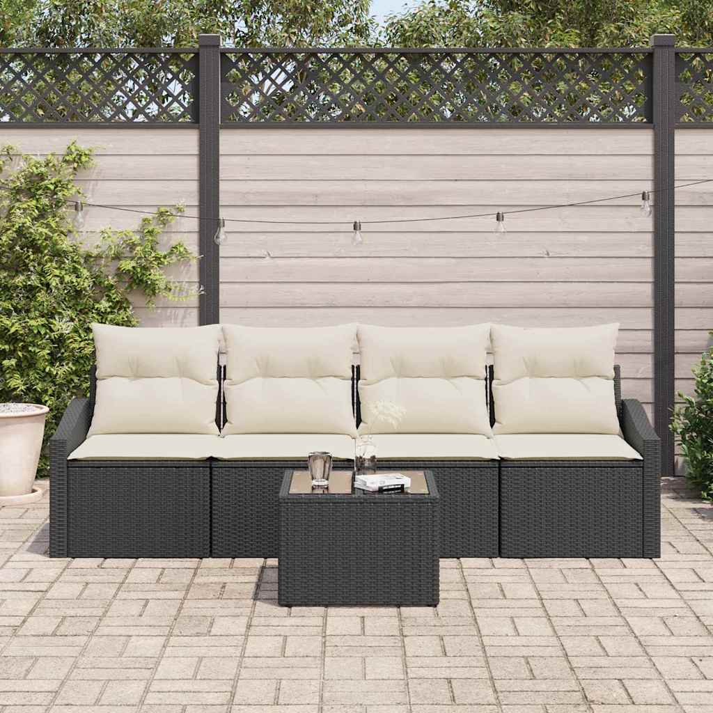 Sofa Set mit Kissen 5 pcs Schwarz und Creme Poly-Rattan