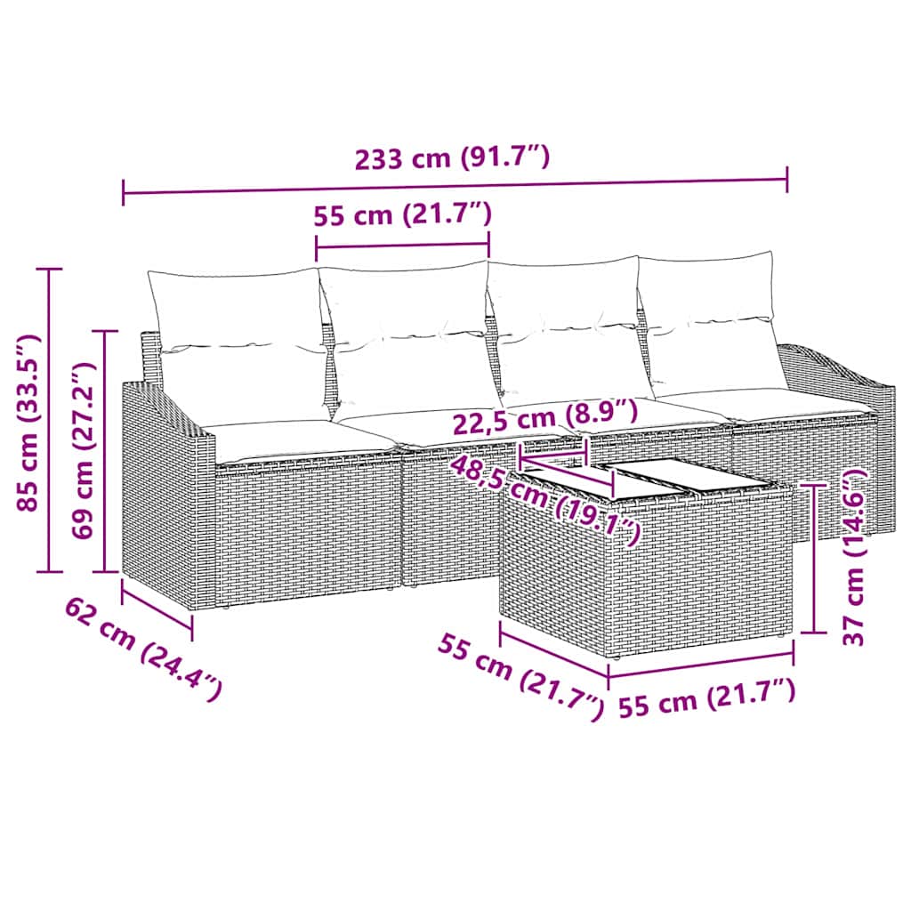 Sofa Set mit Kissen 5 pcs Braun und Creme Poly-Rattan