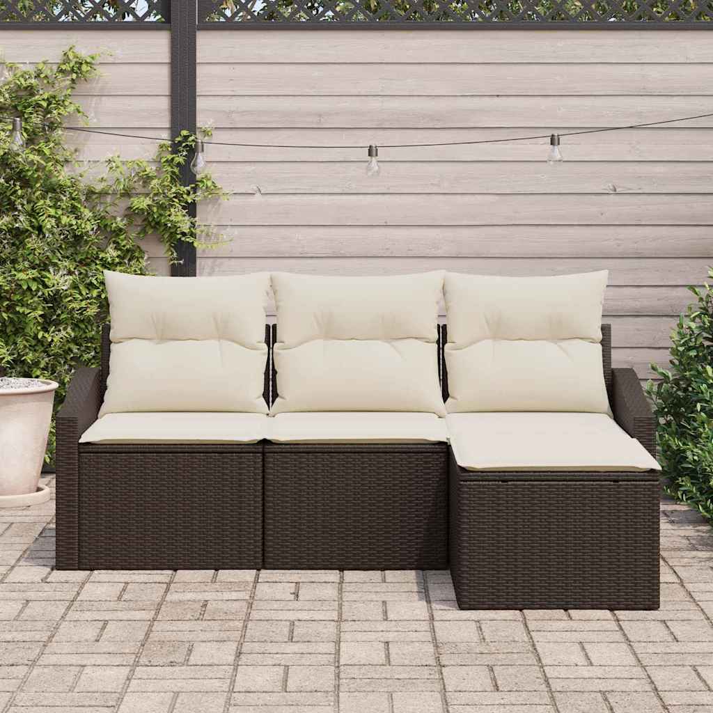 Sofa Set mit Kissen 4 pcs Braun und Creme Poly-Rattan