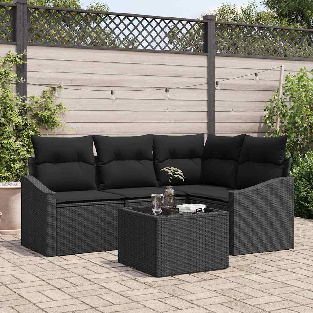 Gartensofa-set mit Kissen 5 pcs Schwarz Poly-Rattan