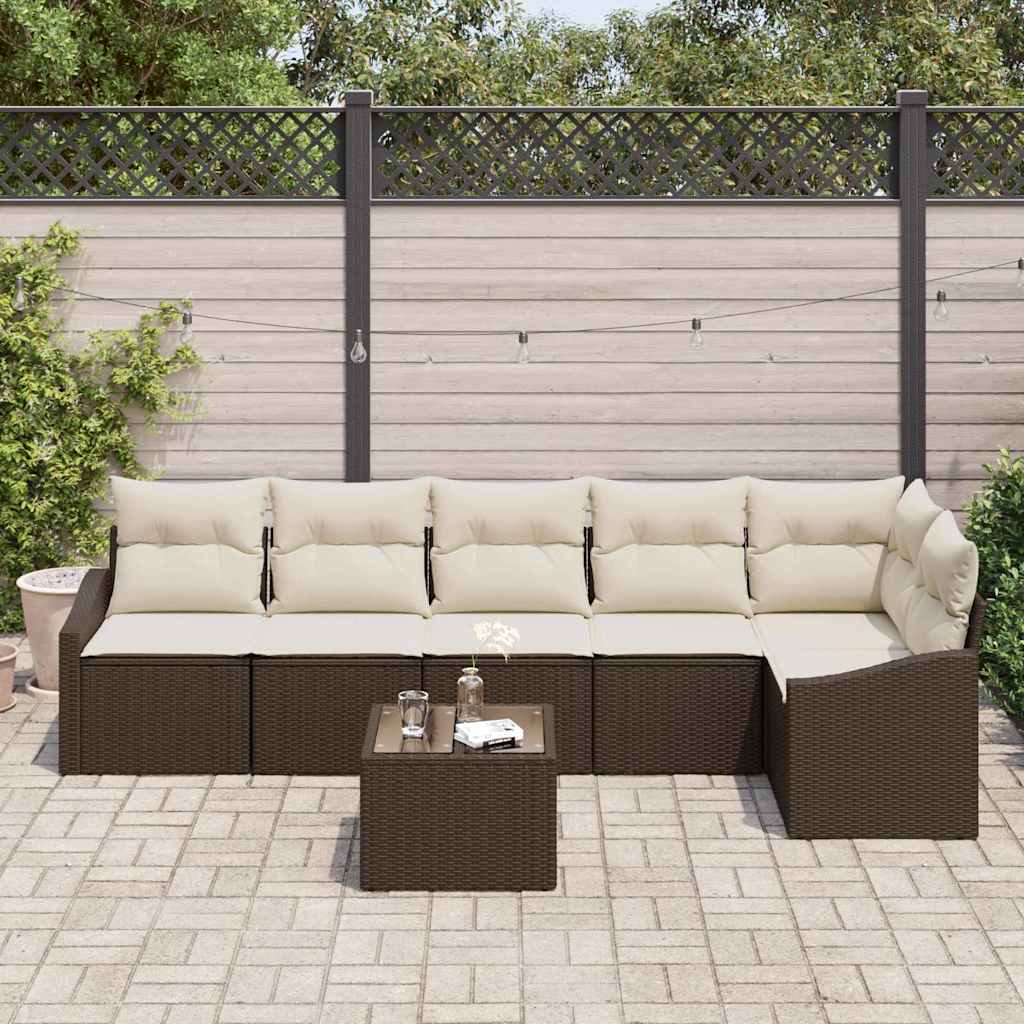 Gartensofa-set mit Kissen 7 pcs Braun und Creme Poly-Rattan