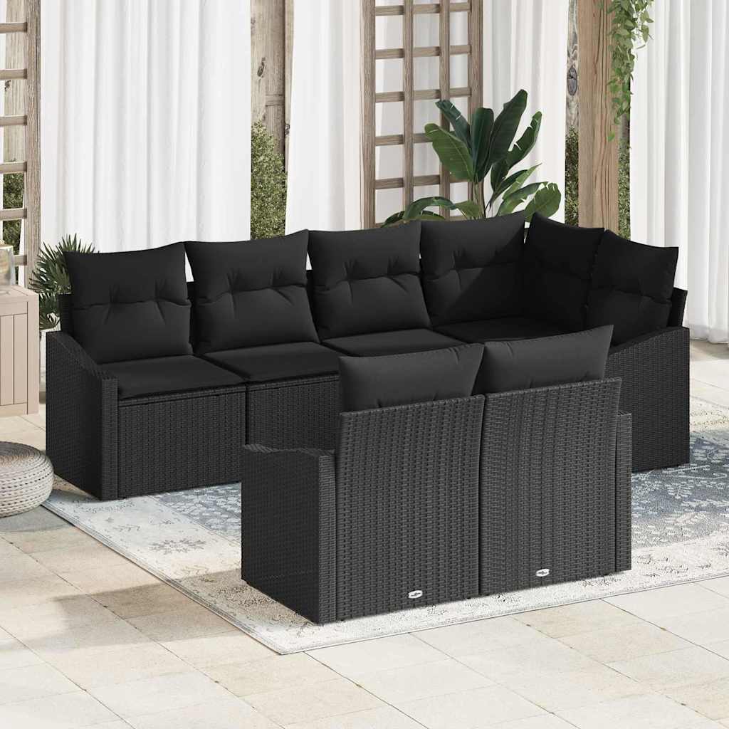 Gartensofa-set mit Kissen 7 pcs Schwarz Poly-Rattan