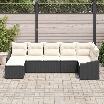 Garten-Sofa-Set mit Kissen 7 pcs Schwarz und Creme Poly-Rattan