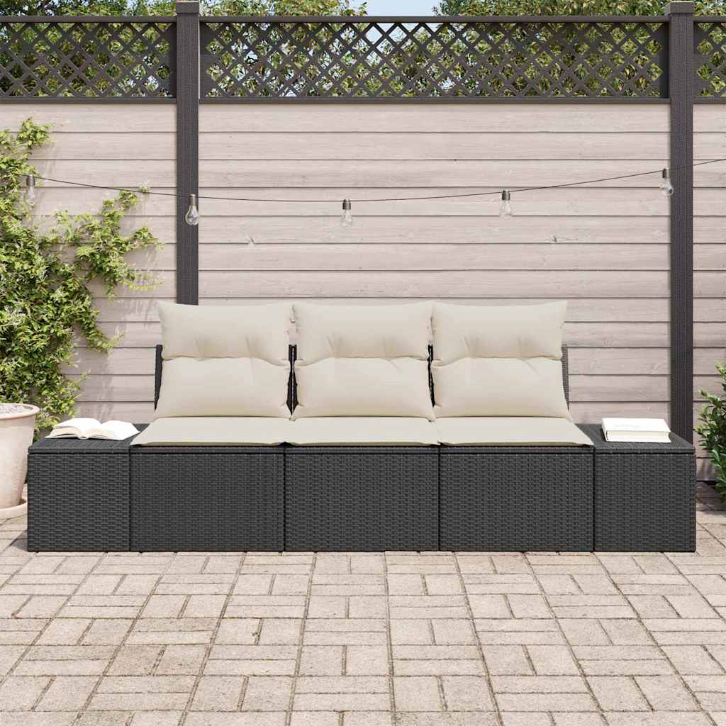 Gartensofa-set mit Speicher 3 pcs Schwarz und Creme Poly-Rattan