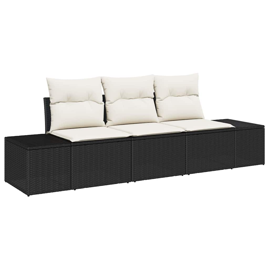 Gartensofa-set mit Speicher 3 pcs Schwarz und Creme Poly-Rattan