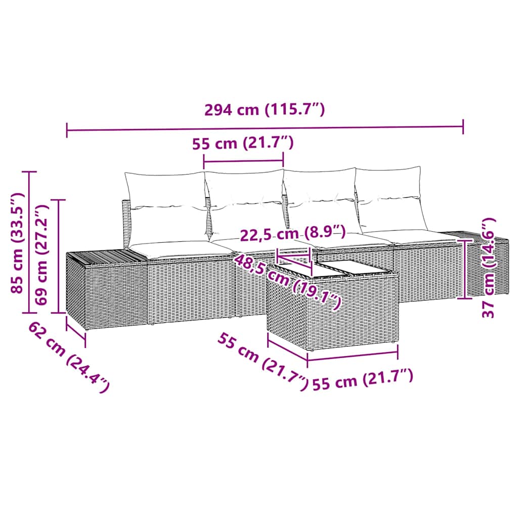 Garten-Sofa-Set mit Kissen mit Speicher 5 pcs Grau Poly-Rattan