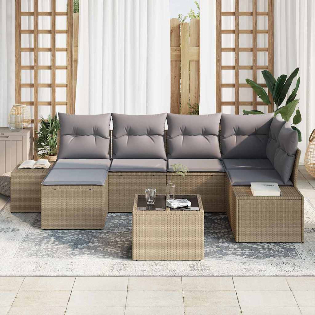 Garten-Sofa-Set mit Kissen 6 pcs Beige und Hellgrau Poly-Rattan