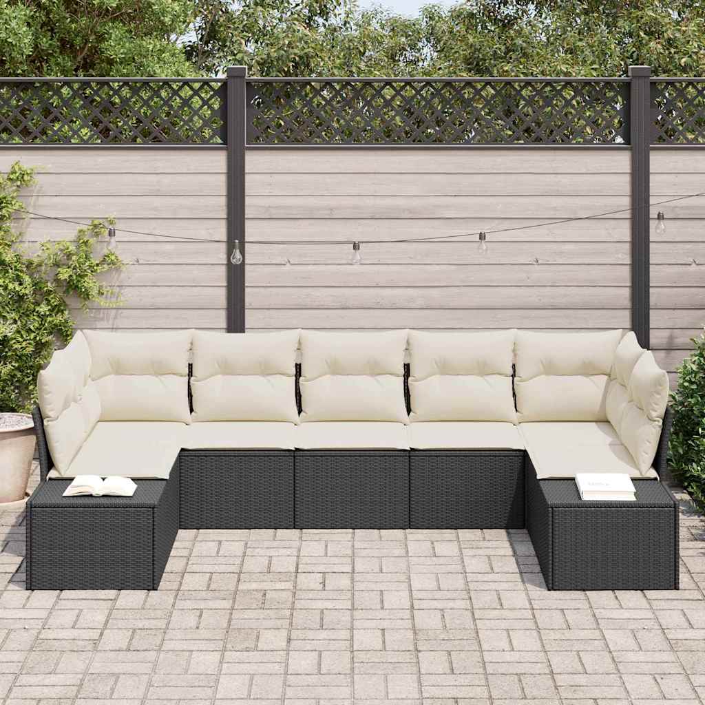 Gartensofa-set mit Speicher 7 pcs Schwarz und Creme Poly Rattan