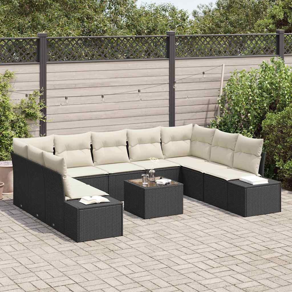 Gartensofa-set mit Kissen 9 pcs Schwarz und Creme Polyrattan