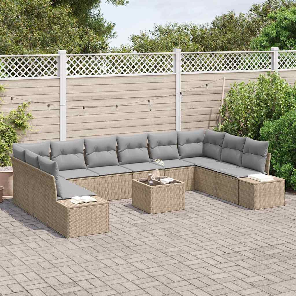 Gartensofa-set mit Kissen 10 pcs Beige und Hellgrau Polyrattan