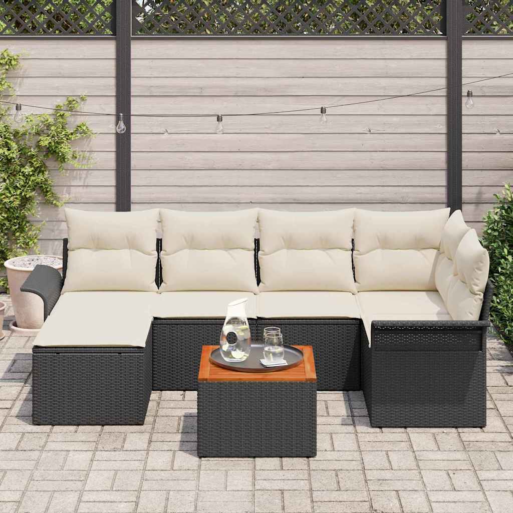Gartensofa-set mit Speicher 7 pcs Schwarz und Creme Poly-Rattan
