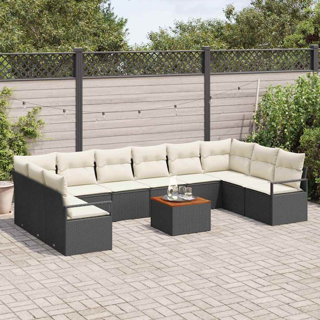 Gartensofa-set 11 pcs Schwarz und Creme Poly-Rattan