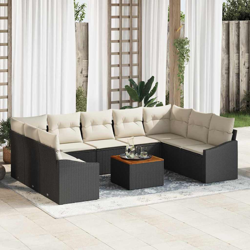 Gartensofa-set 10 pcs Schwarz und Creme Poly-Rattan