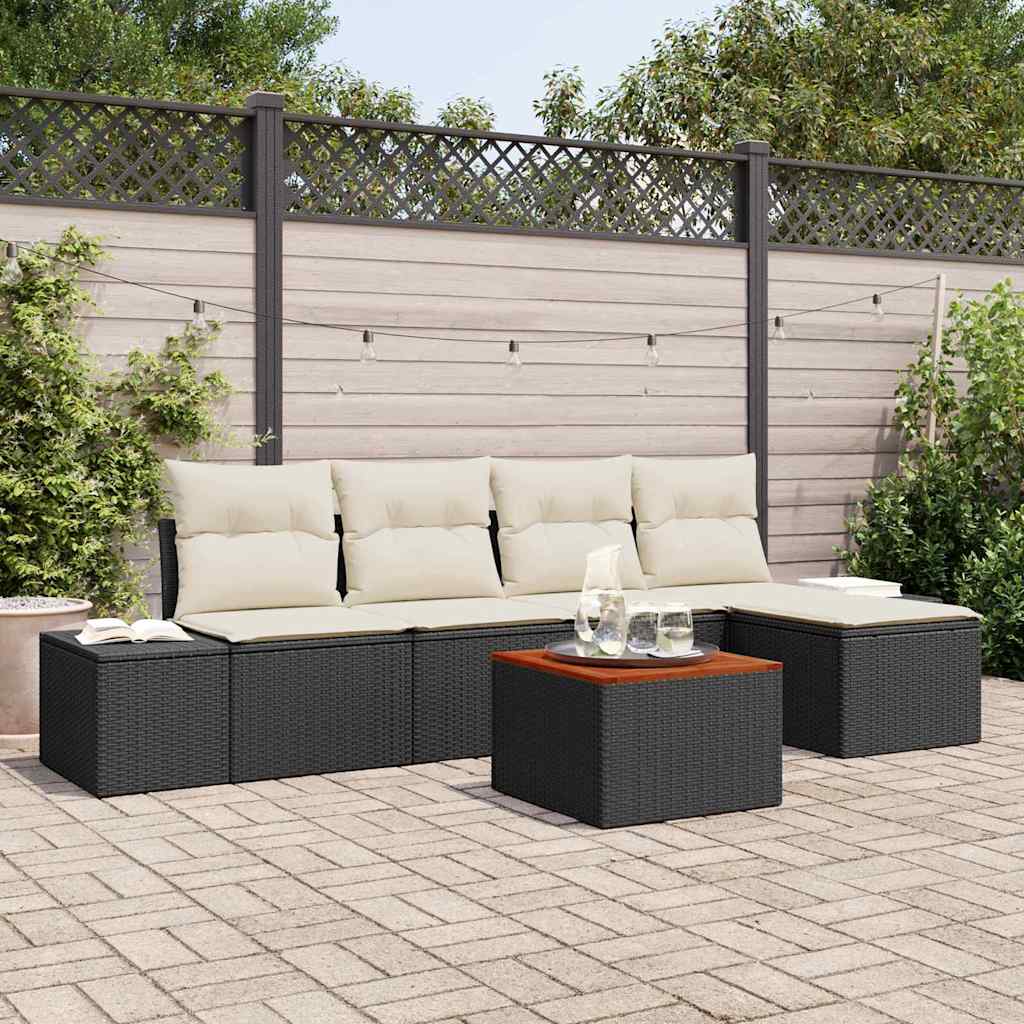 Gartensofa-set mit Speicher 6 pcs Schwarz und Creme Poly-Rattan