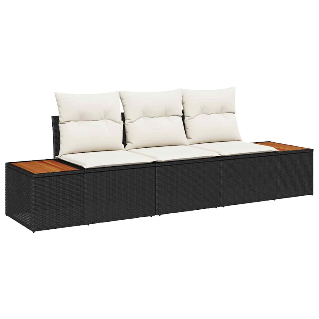 Garten-Sofa-Set mit Kissen 3 pcs Schwarz und Creme Poly Rattan