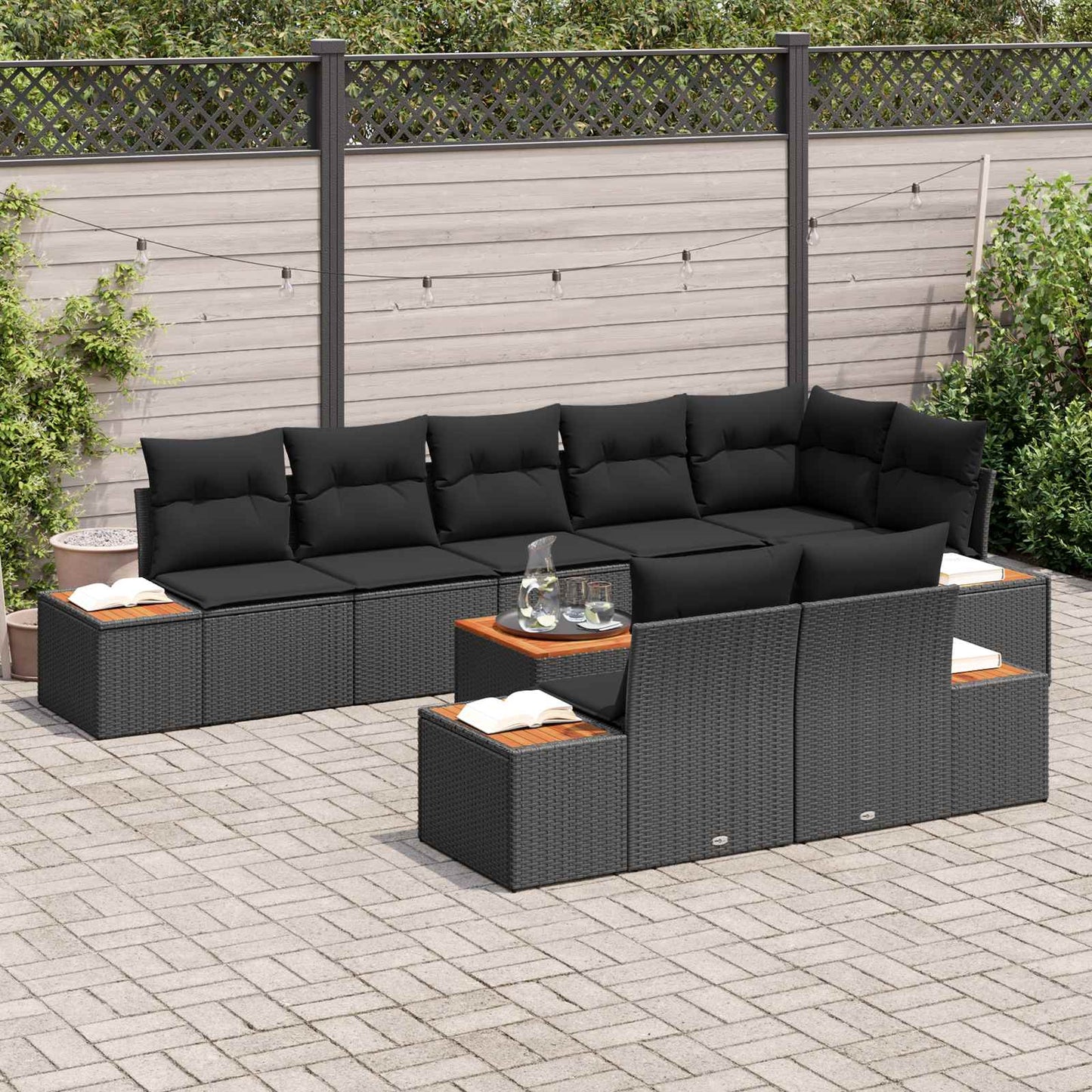 Gartensofa-set mit Kissen mit Speicher 8 pcs Schwarz Polyrattan