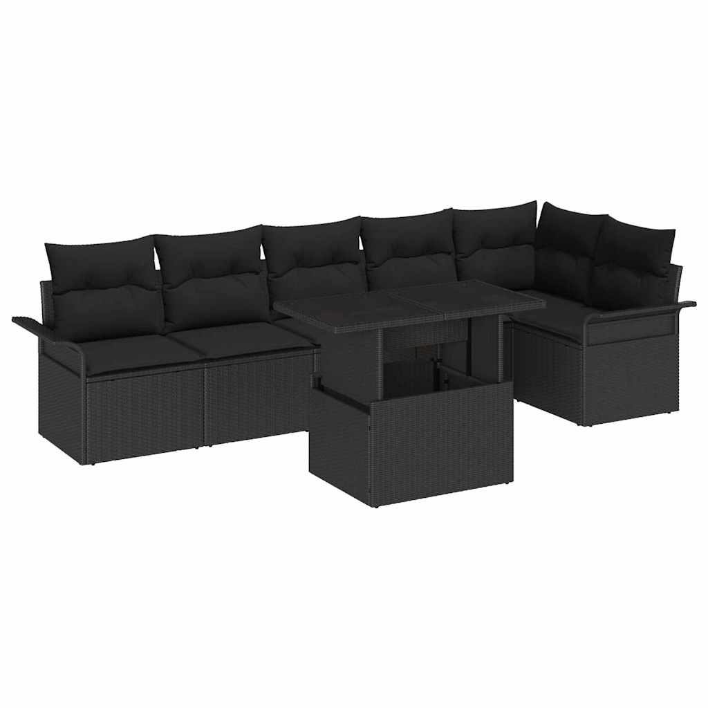 Garten-Sofa-Set mit Kissen 7 pcs Schwarz Poly Rattan