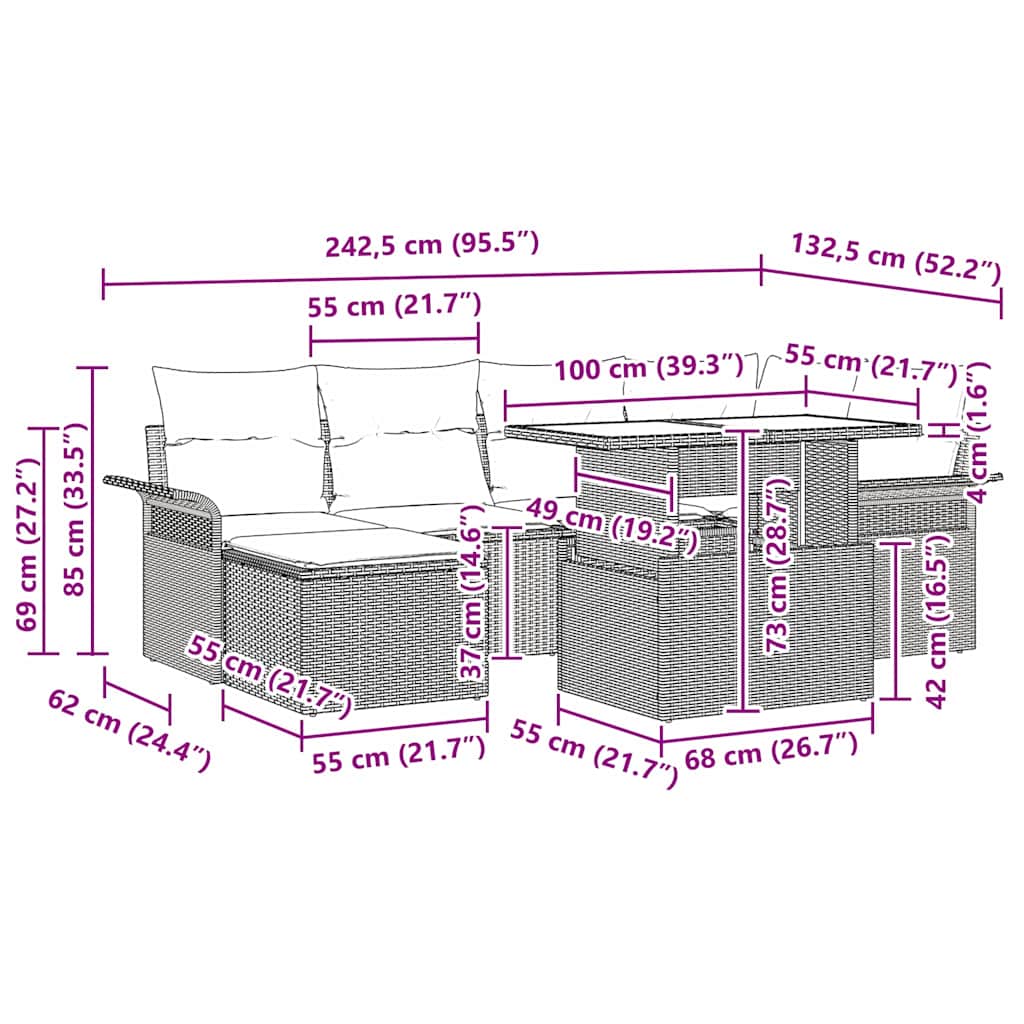 Garten-Sofa-Set mit Kissen mit Speicher 7 pcs Grau Poly Rattan