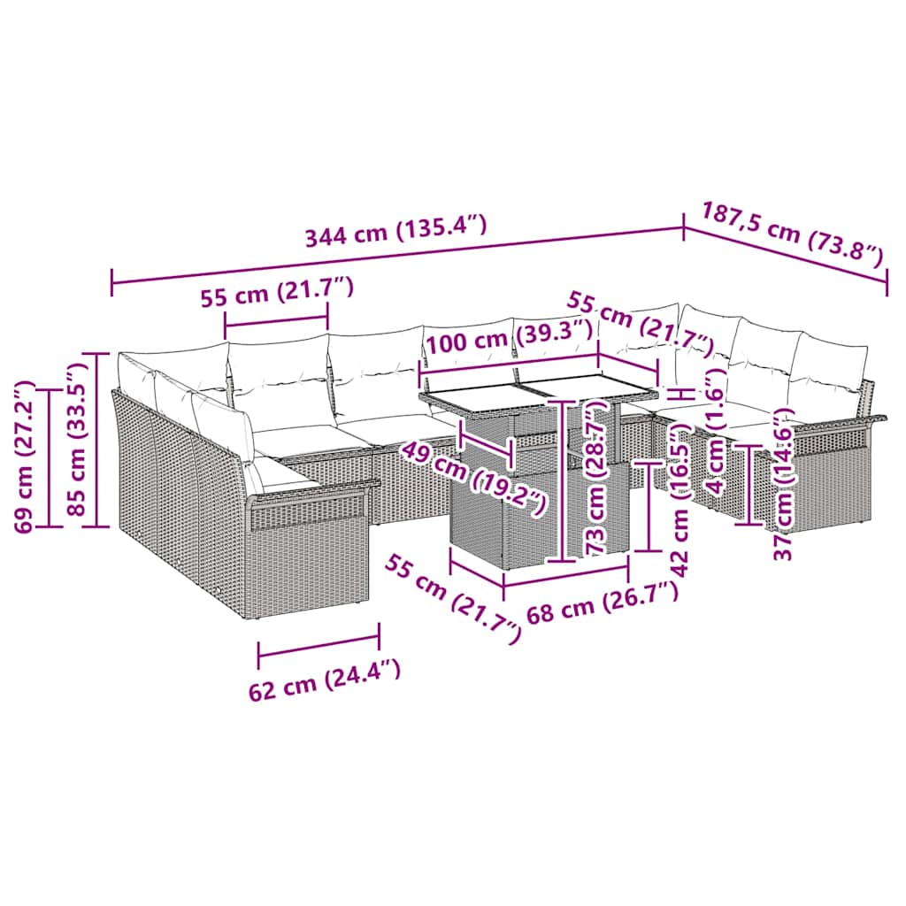 Garten-Sofa-Set mit Kissen 11 pcs Hellgrau Poly Rattan