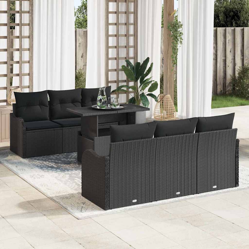 Garten-Sofa-Set mit Kissen mit Kissen 7 pcs Schwarz Poly Rattan
