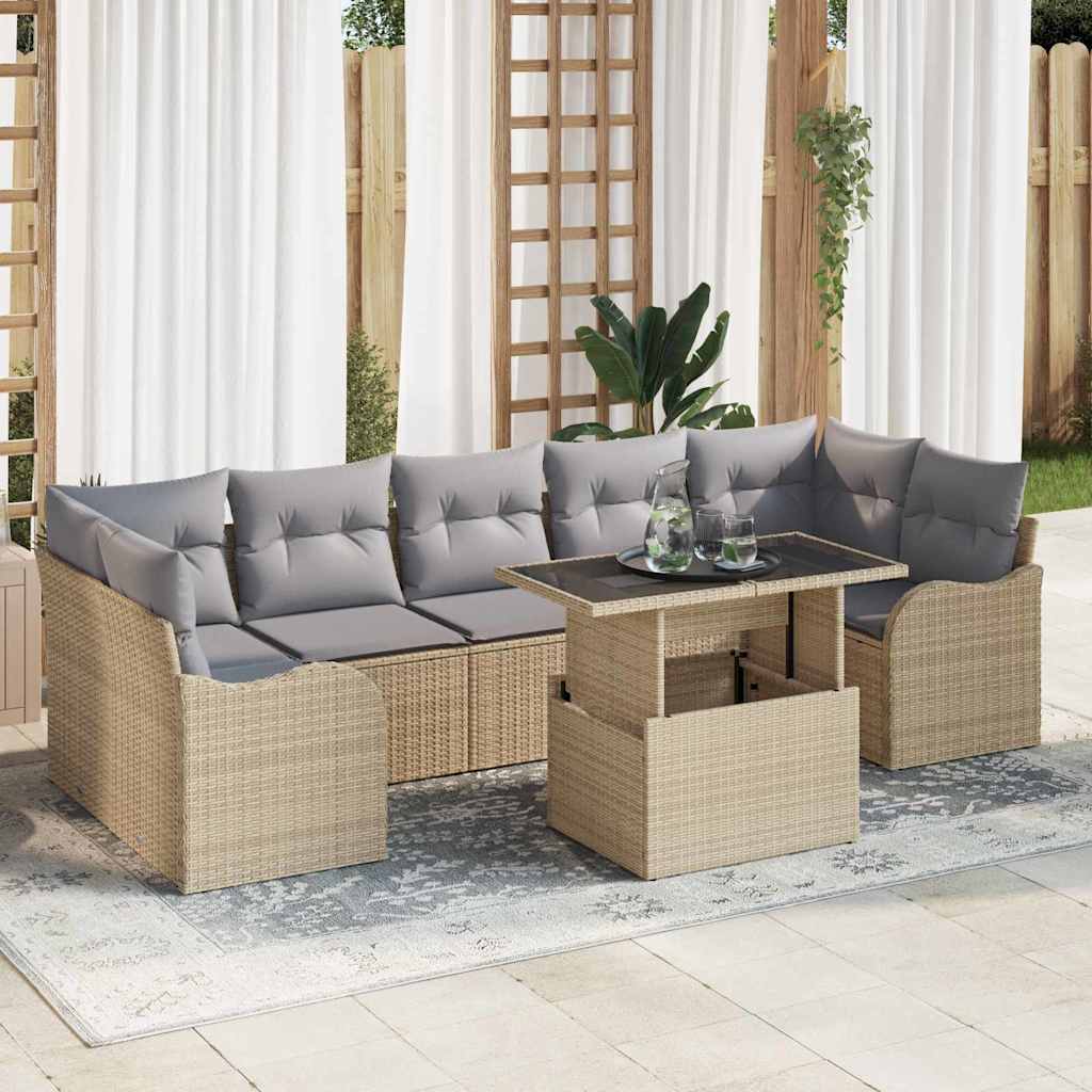 Garten-Sofa-Set mit Kissen mit Speicher 8 pcs Beige Poly Rattan