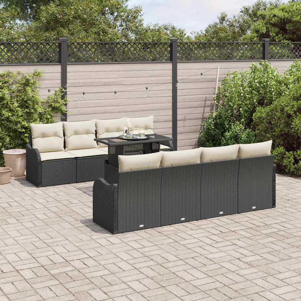 Garten-Sofa-Set mit Kissen mit Kissen 9 pcs Schwarz Poly Rattan