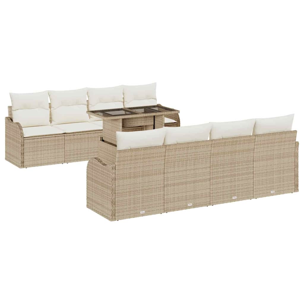 Garten-Sofa-Set mit Kissen mit Speicher 9 pcs Beige Poly Rattan