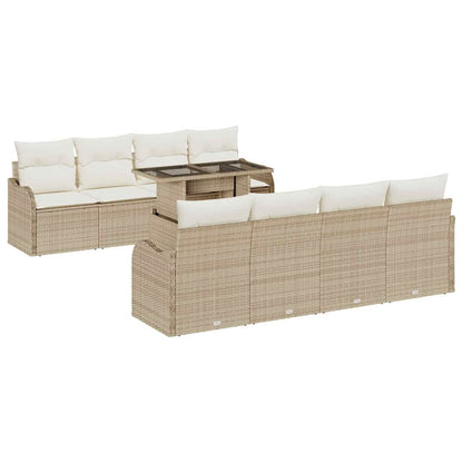 Garten-Sofa-Set mit Kissen mit Speicher 9 pcs Beige Poly Rattan