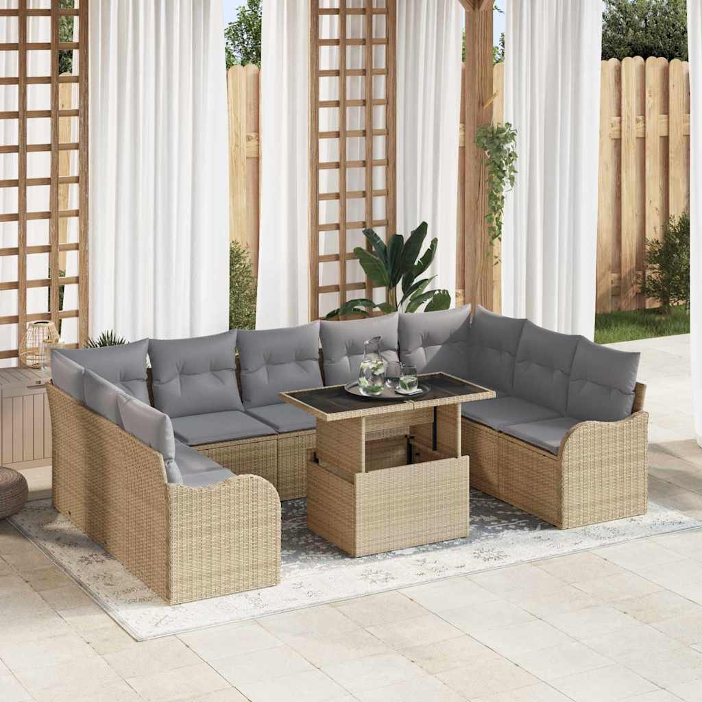 Garten-Sofa-Set mit Kissen mit Kissen 10 pcs Beige Poly Rattan