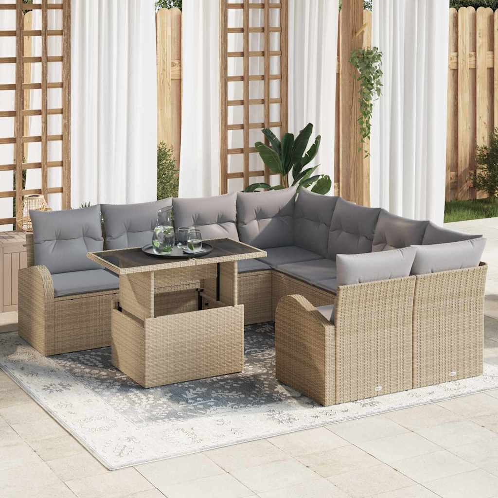 Garten-Sofa-Set mit Kissen mit Speicher 9 pcs Beige Poly Rattan