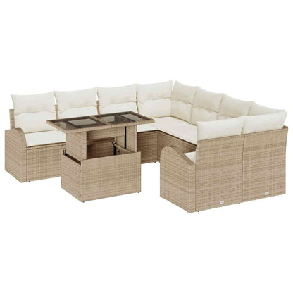 Garten-Sofa-Set mit Kissen mit Speicher 9 pcs Beige Poly Rattan