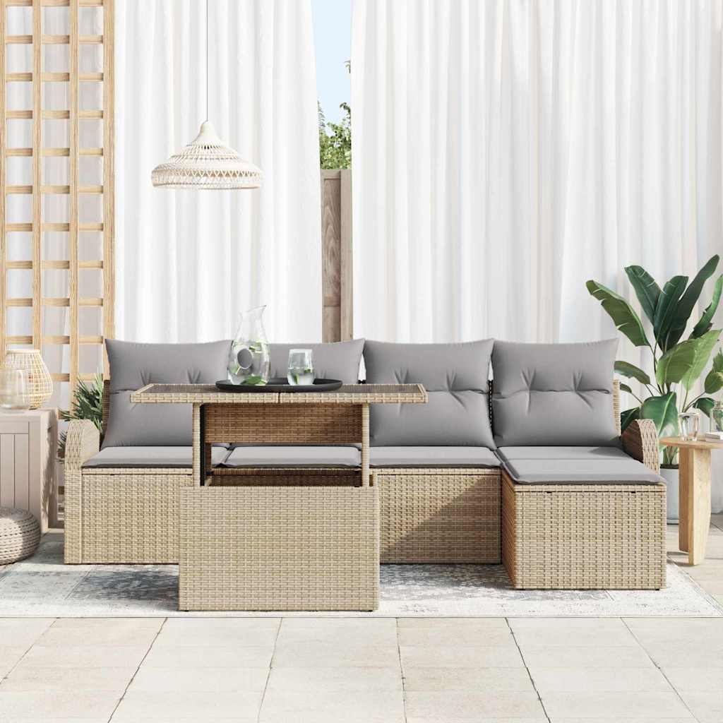 Garten-Sofa-Set mit Kissen mit Speicher 6 pcs Beige Poly Rattan