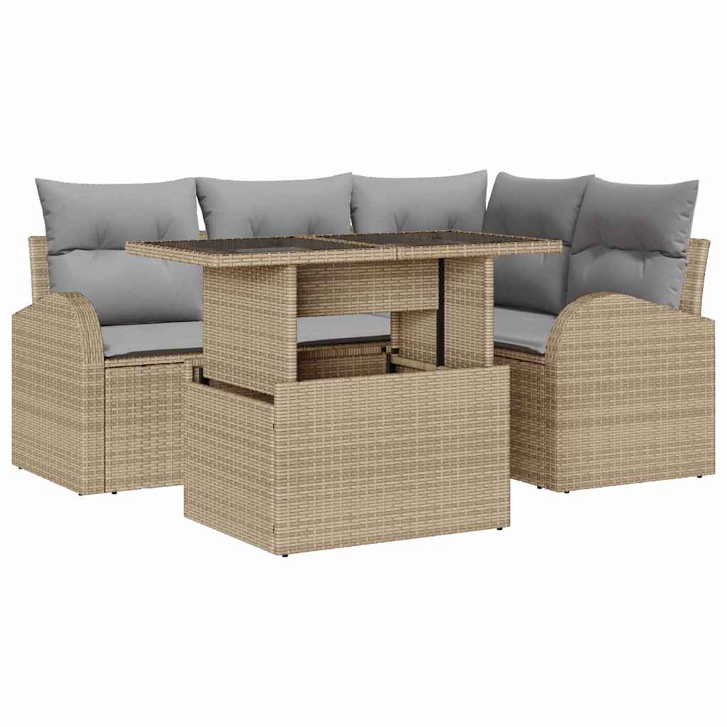 Garten-Sofa-Set mit Kissen mit Speicher 5 pcs Beige Poly Rattan