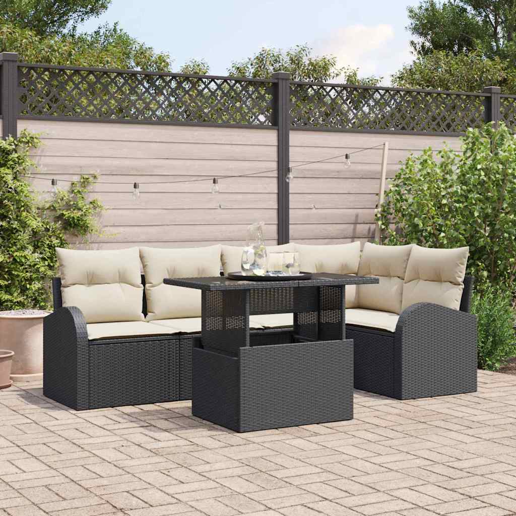 Garten-Sofa-Set mit Kissen mit Kissen 6 pcs Schwarz Poly Rattan