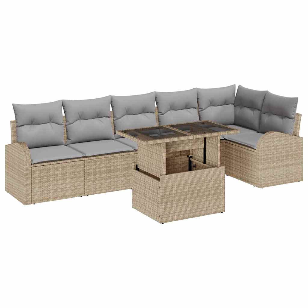 Garten-Sofa-Set mit Kissen mit Speicher 7 pcs Beige Poly Rattan